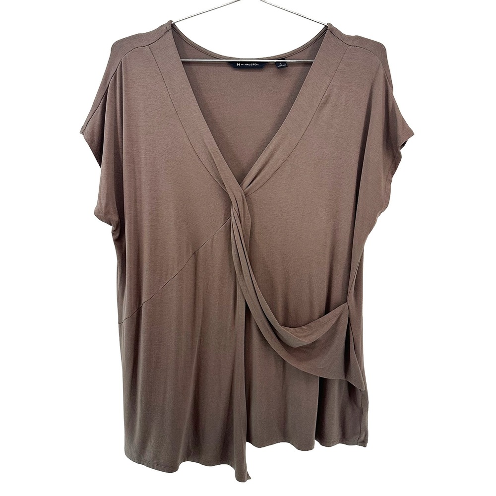 H by HALSTON V-neck Drape Front‎ Jersey T-shirt • Large • chocolate brown • chic